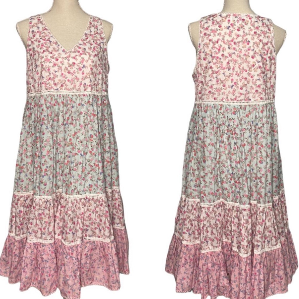 LoveShackFancy Pink and Mint Floral Tiered Midi Sundress - Picture 4 of 5
